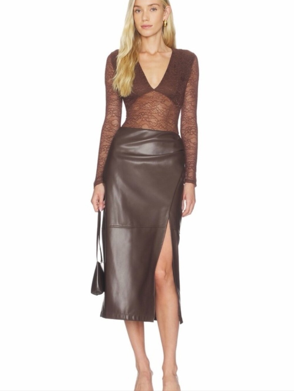Cami NYC | Lorena Soft Vegan Faux Leather Midi Skirt Size 2 In Sable With Slit